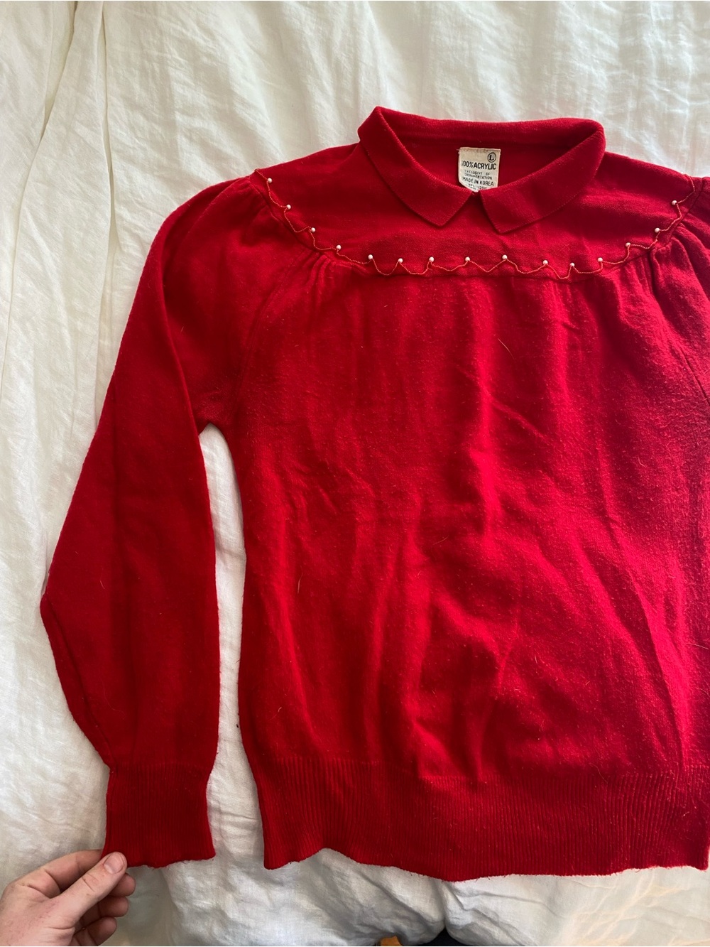 Twee Vintage Cherry Red Sweater with Pearl & Red Seed Bead Detailing, Collar